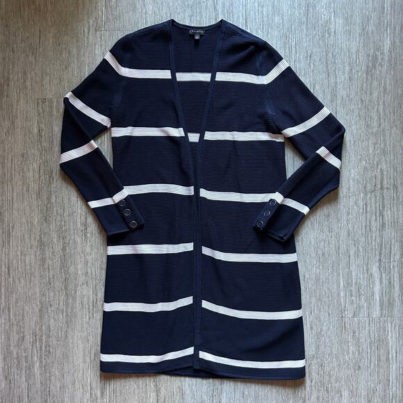 Talbots Navy Blue/White Striped Cotton Blend Long Cardigan Sweater Size Small - Picture 1 of 7